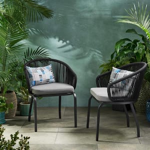 Woven Rope Chair and Metal Outdoor Dining Chair with Water Resistant Gray Cushion for Garden Lawn