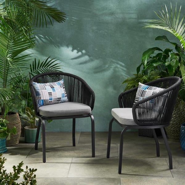 ITOPFOX Woven Rope Chair and Metal Outdoor Dining Chair with Water Resistant Gray Cushion for Garden Lawn