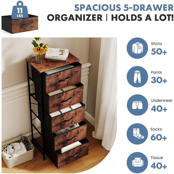 WONDER COMFORT Classical Rust Brown 5 Drawer 11.8 in. Wide Chest of Drawers with Wood Top Organizer & Removable Fabric Bins WONDER COMFORT Classical Rust Brown 5 Drawer 11.8 in. Wide Chest of Drawers with Wood Top Organizer & Removable Fabric Bins