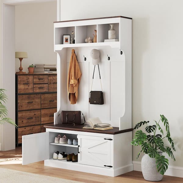 3-in-1 Hall Tree with Shoe Storage, Standing Coat Rack with Shoe Bench, Entryway Furniture with Five Hooks, White