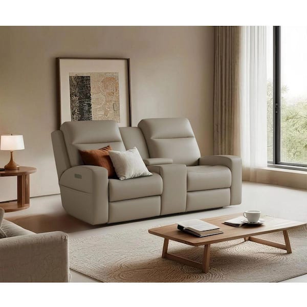 75 in. Genuine Leather Power Reclining Loveseat with Adjustable Headrest and Lumbar, Wireless Charging in Dark Beige
