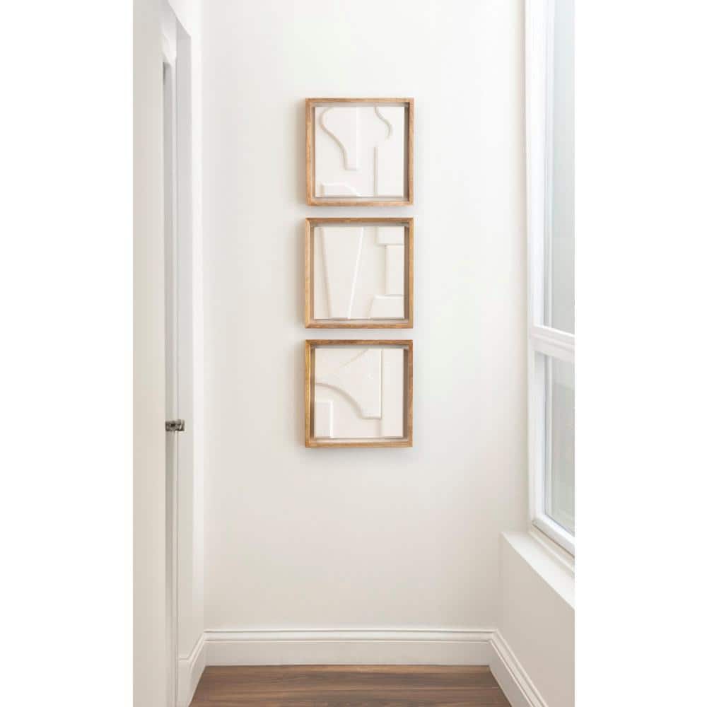 Yukiah 3-Piece White and Natural Wood Geometric Wall Art Set