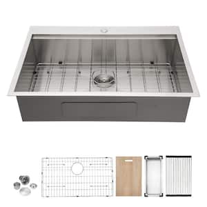Stainless Steel 16-Gauge 33 in. Single Bowl Drop-In Workstation Kitchen Sink with Bottom Grid
