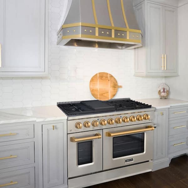 48in. 8 Burners Freestanding Gas Range in Stainless Steel/Gold with Convection Fan Cast Iron Grates and Black Enamel Top