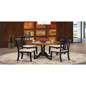 5-Piece Round Black and Cherry Finish Solid Wood Top Dining table with 4 Chairs with Lattice Back