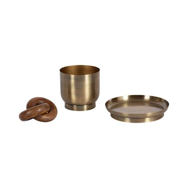Anaya Walnut Brown/Gold Round Metal 3 Piece Decorative Table Accessories
