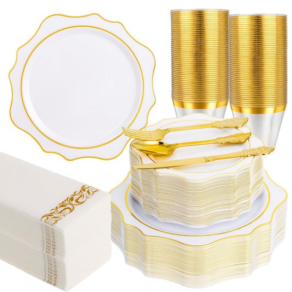 350-Piece White and Gold Plastic Plate Set with Cups, Silverware, and Napkins for 50 Guests Elegant Kit