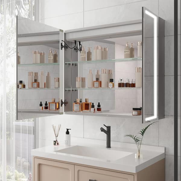 FUNKOL 36 in. W x 30 in. H Rectangular Silver Aluminum Recessed/Surface Mount Medicine Cabinet with Mirror and LED