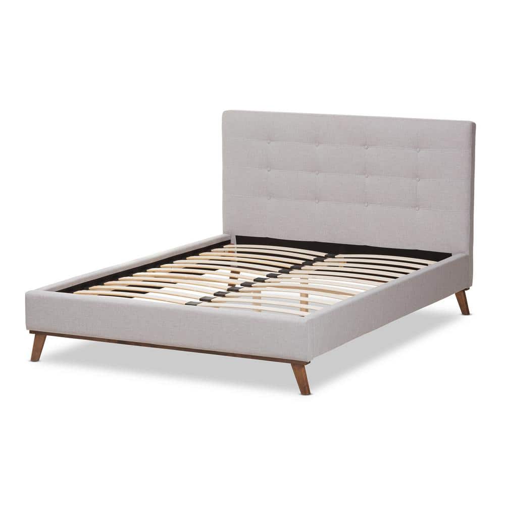 Valencia Queen-Sized Greyish Beige Tufted Upholstered Bed with Walnut Legs