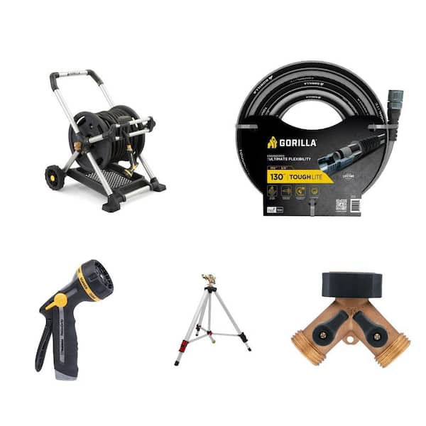 200 ft. Aluminum Hose Reel, 5/8 in. x 130 ft. Hose, 8-Pattern Nozzle, Metal Sprinkler and Brass 2-Way Adapter Combo