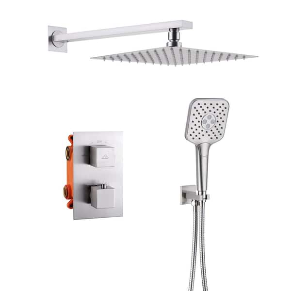 CASAINC 5-Spray Patterns 9.8 in. Wall Mount Dual Shower Heads, Brushed Nickel (Thermostatic Valve Included)