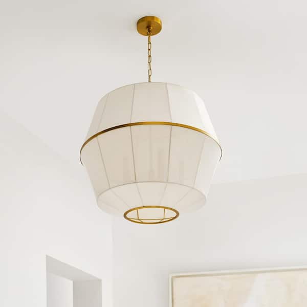 Generation Lighting - Hikari Large 5-Light Burnished Brass Dining Room Pendant Chandelier with White Linen Shade
