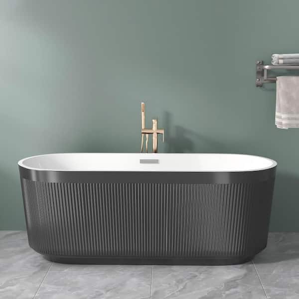 59 in. L x 31 in. W Acrylic Freestanding Soaking Bathtub Unique Pleated Design Bathtub with Center Drain in Black