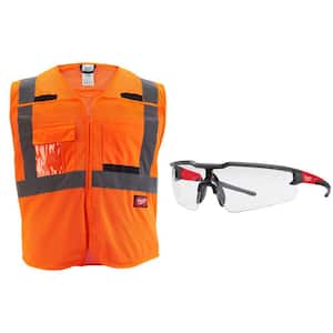 Large/X-Large Orange Class 2 Breakaway Mesh High Vis Safety Vest with 9-Pockets and Clear Anti Scratch Safety Glasses