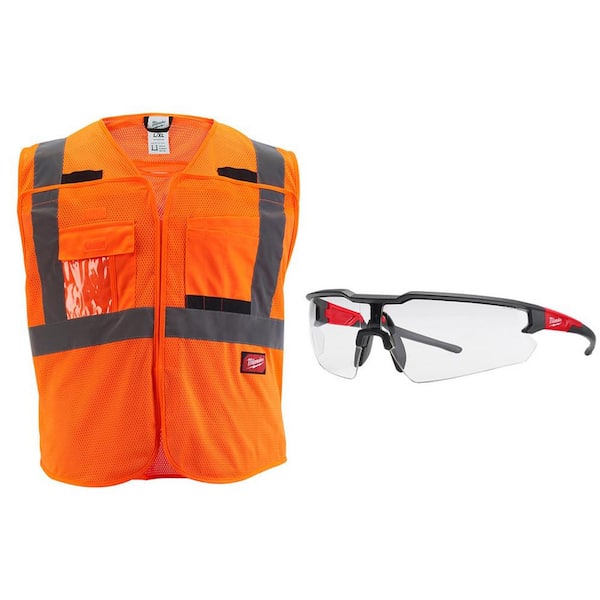 Milwaukee 4X/5X-Large Orange Class 2 Breakaway Mesh High Vis Safety Vest and Clear Anti Scratch Safety Glasses