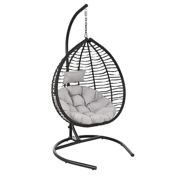 Black Metal 6.5 ft. Free Standing Outdoor Hammock with Stand and Gray Cushion, Indoor Foldable Rattan Egg Swing Chair
