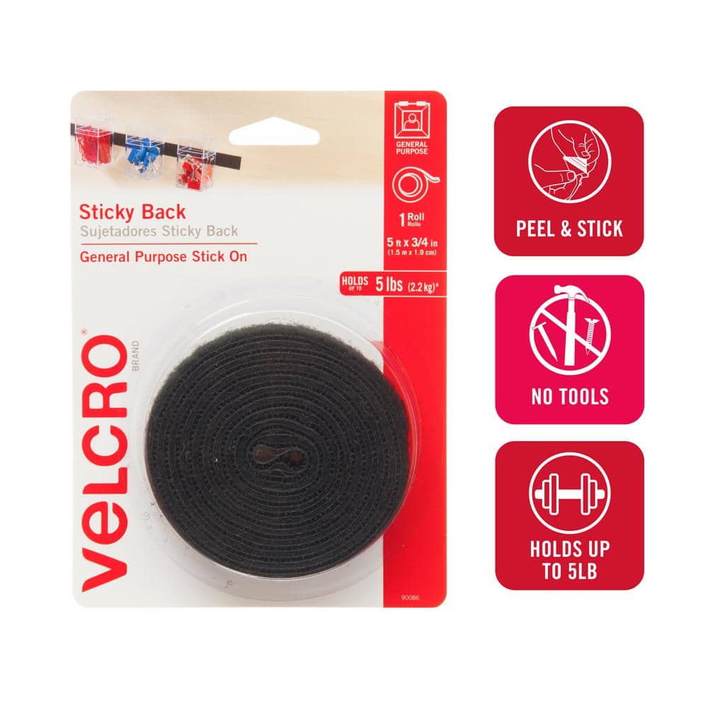 Velcro® Sticky Back Self Adhesive Hook & Loop Tape 1 IN x 5 FT - Black