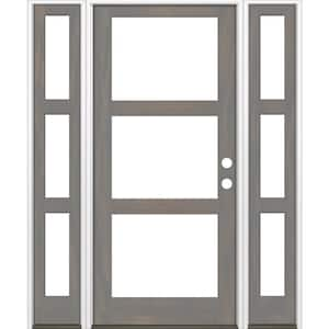 70 in. x 96 in. Modern Hemlock Left-Hand/Inswing 3-Lite Clear Glass Grey Stain Wood Prehung Front Door with Sidelites