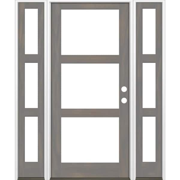 Krosswood Doors 70 in. x 96 in. Modern Hemlock Left-Hand/Inswing 3-Lite Clear Glass Grey Stain Wood Prehung Front Door with Sidelites