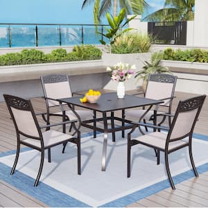 Black 5-Piece Metal Patio Outdoor Dining Set with Square Table and Textilene Swivel Chairs