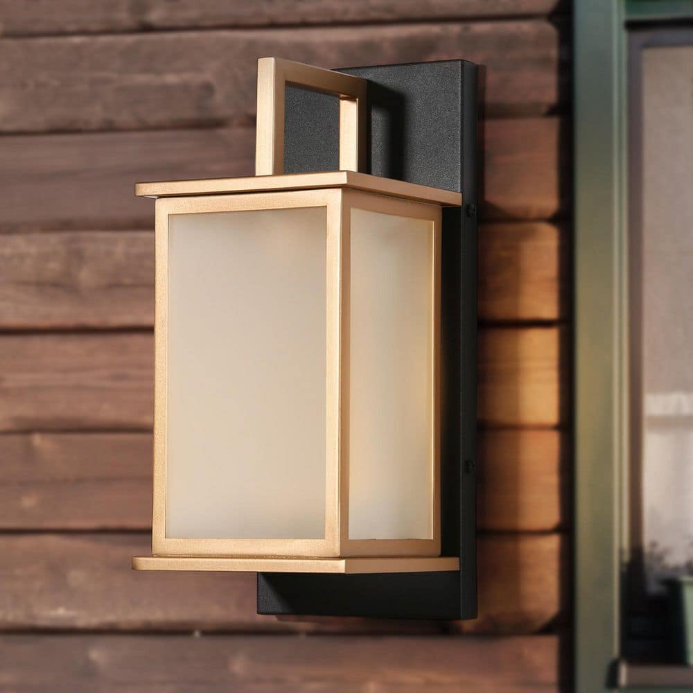 Black and Gold Rectangle Outdoor Hardwired Wall Lantern Sconce with Frosted Glass Shade price history on PriceWatchPro