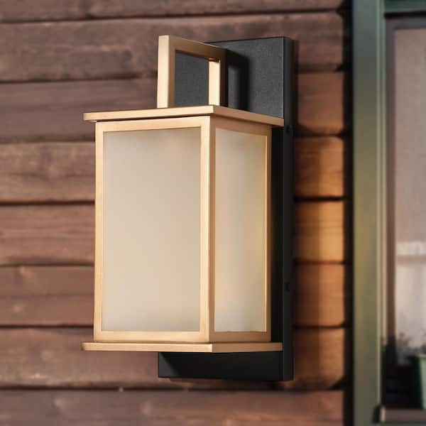 Black and Gold Rectangle Outdoor Hardwired Wall Lantern Sconce with Frosted Glass Shade
