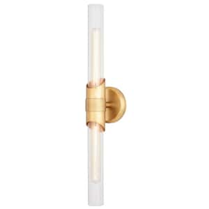 Webster 4.75 in. W 2 Light Natural Brass Vanity Light Gold Contemporary Bathroom Wall Sconce Fixture Clear Glass
