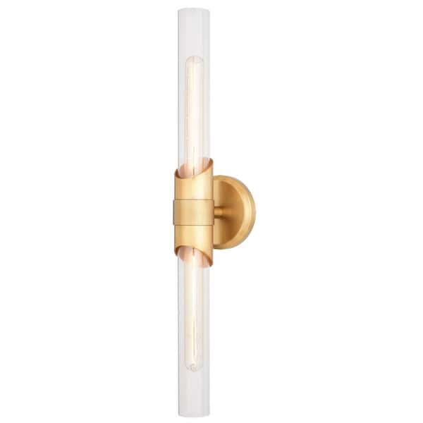 VAXCEL Webster 4.75 in. W 2 Light Natural Brass Vanity Light Gold Contemporary Bathroom Wall Sconce Fixture Clear Glass