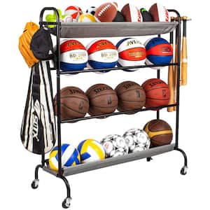 Basketball Rack, 200 Lbs Garage Ball Storage Rack with Baseball Bat Holder and Hooks, Sports Organizer with Wheels