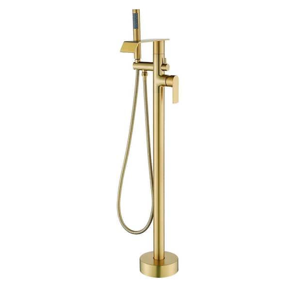 Single Handle Freestanding Floor Mount Tub Faucet with Hand Shower in Brushed Gold
