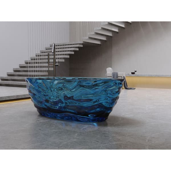 Xspracer Moray 65.75 in. x 30 in. Resin Translucent Stone Flatbottom Solid Surface Freestanding Soaking Bathtub in Lake Blue