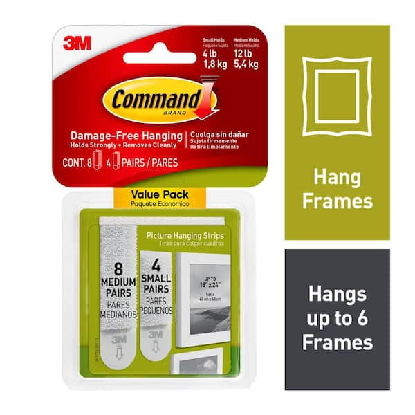 Command 4 lb. & 12 lb. Assorted White Picture Hanging Strips (8 Medium Pairs, 4 Small Pairs of Strips)