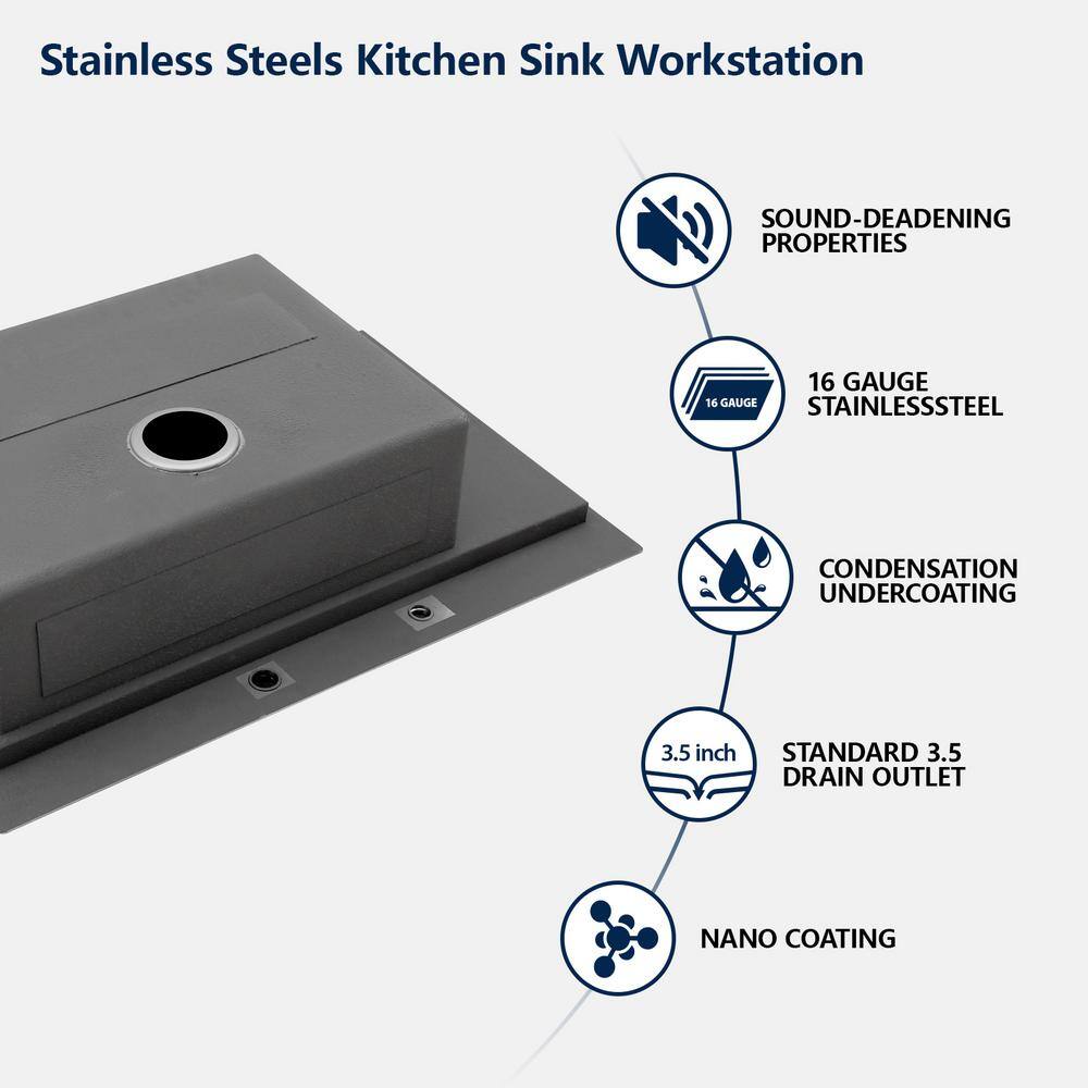 33 Inch Brushed Stainless Steel Drop-In Workstation Sink