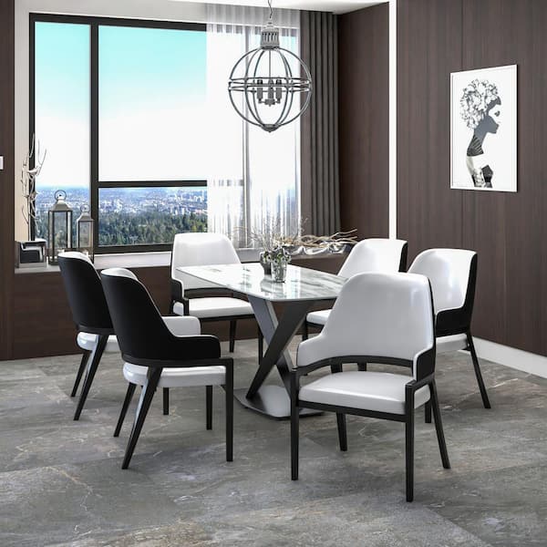 Leisuremod Dining Chair Upholstered in Leather with Curved Open Back and Rubberwood Legs Ethora Collection in Black/White