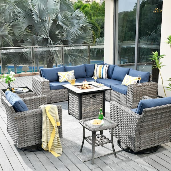 HOOOWOOO Crater Grey 10-Piece Wicker Outdoor Patio Fire Pit Conversation Sofa Set with Swivel Chairs and Denim Blue Cushions