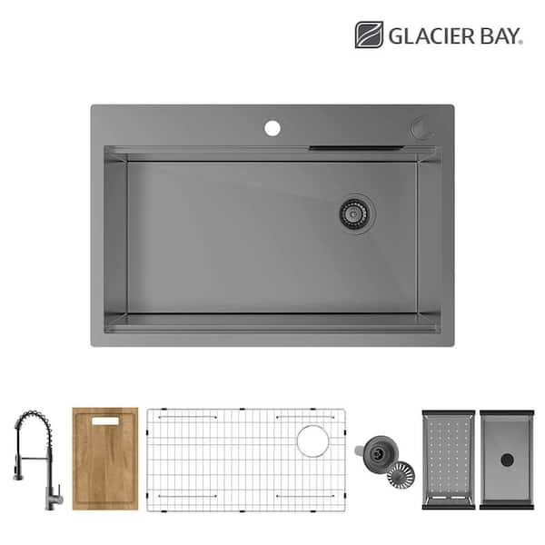 33 in. Drop-In Single Bowl 18-Gauge Gunmetal Stainless Steel Workstation Kitchen Sink w/ Waterfall & Spring Neck Faucet