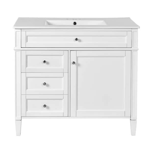 36 in. Single Sink Freestanding White Bath Vanity with White Ceramic Top, 2 Drawers and a Tip-out Drawer