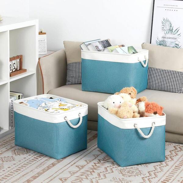 Blue 16 in. x 12 in. Fabric Decorative Basket Set of 3 with