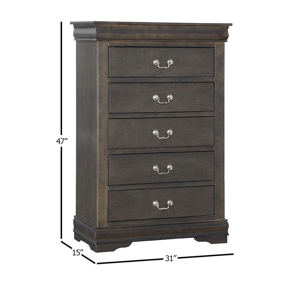 Elegant Gray Wooden Chest with Five Dovetail Drawers and Nickel Handles