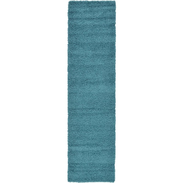 Unique Loom Solid Shag Aqua Blue 10 ft. Runner Rug