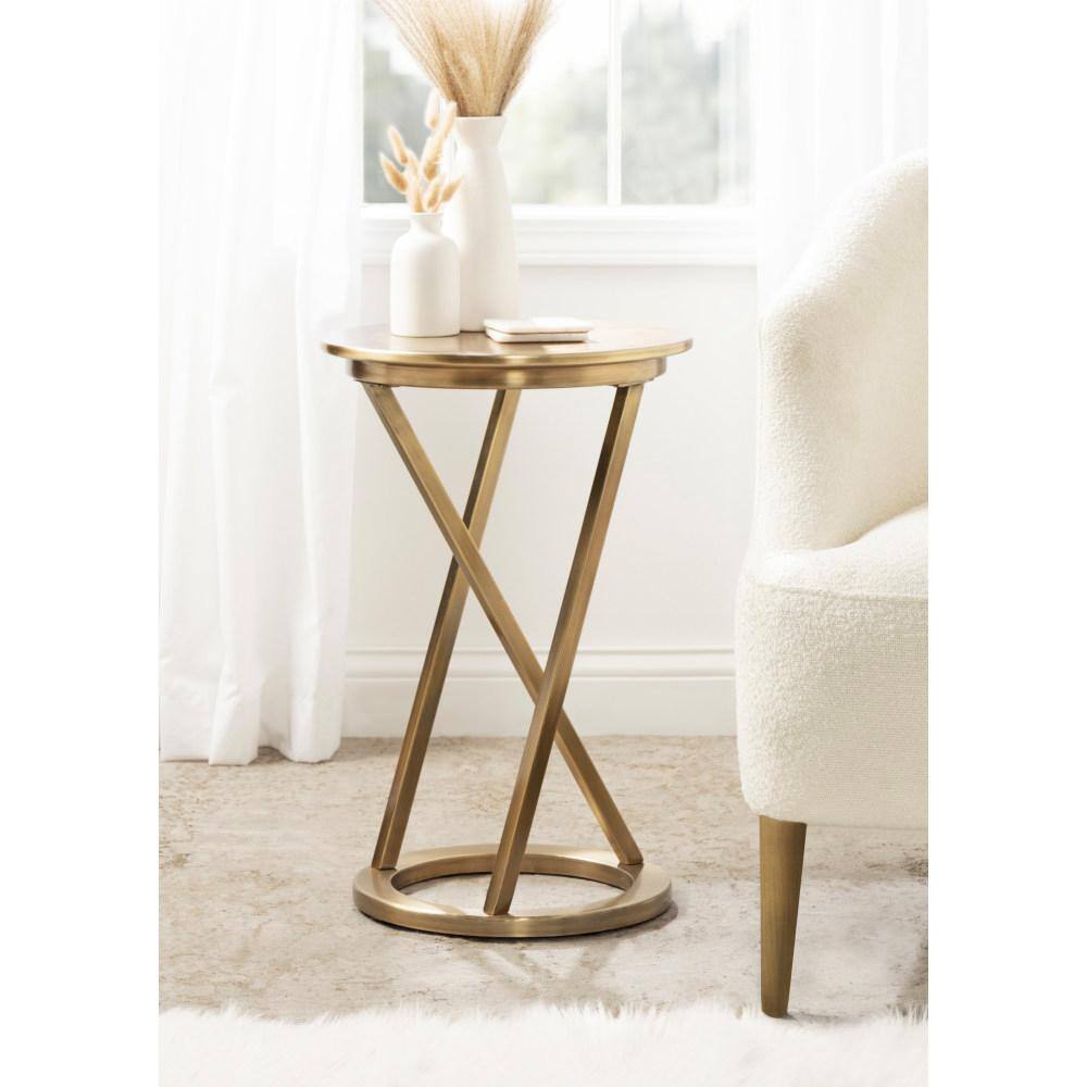 Aja Gold Round Metal Side Table with Geometric Legs