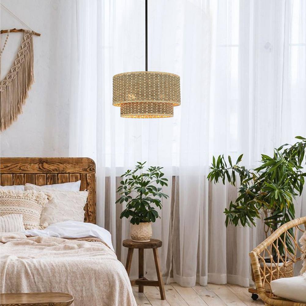Matte Black 2-Light Adjustable Rattan Drum Chandelier