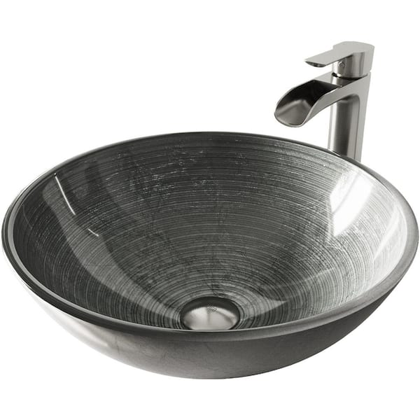 VIGO Glass Round Vessel Bathroom Sink in Silver with Niko Faucet and Pop-Up Drain in Brushed Nickel