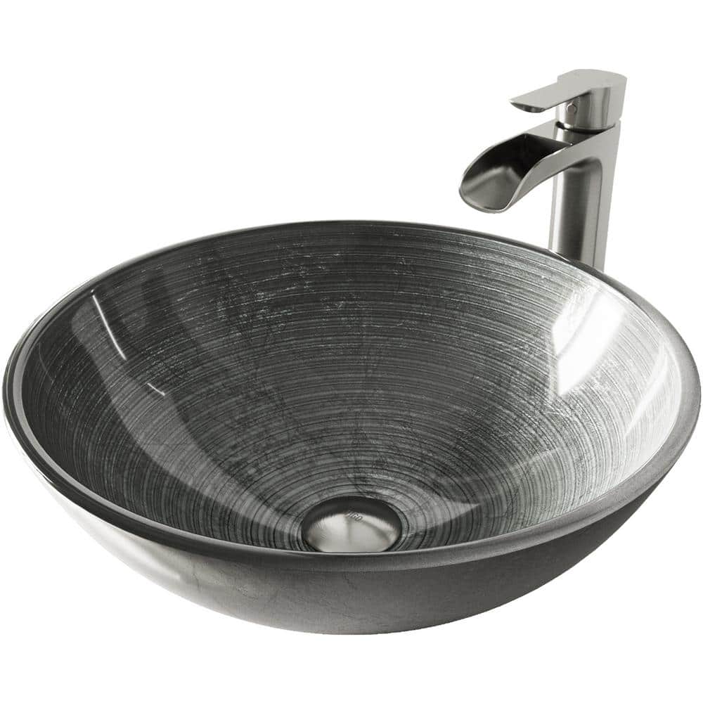 Simply Silver Round Glass Vessel Sink with Brushed Nickel Faucet