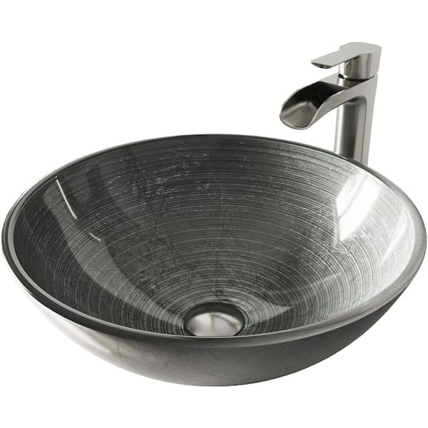 Glass Round Vessel Bathroom Sink in Silver with Niko Faucet and Pop-Up Drain in Brushed Nickel