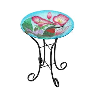 Hummingbird Floral Glass Bird Bath with Metal Stand