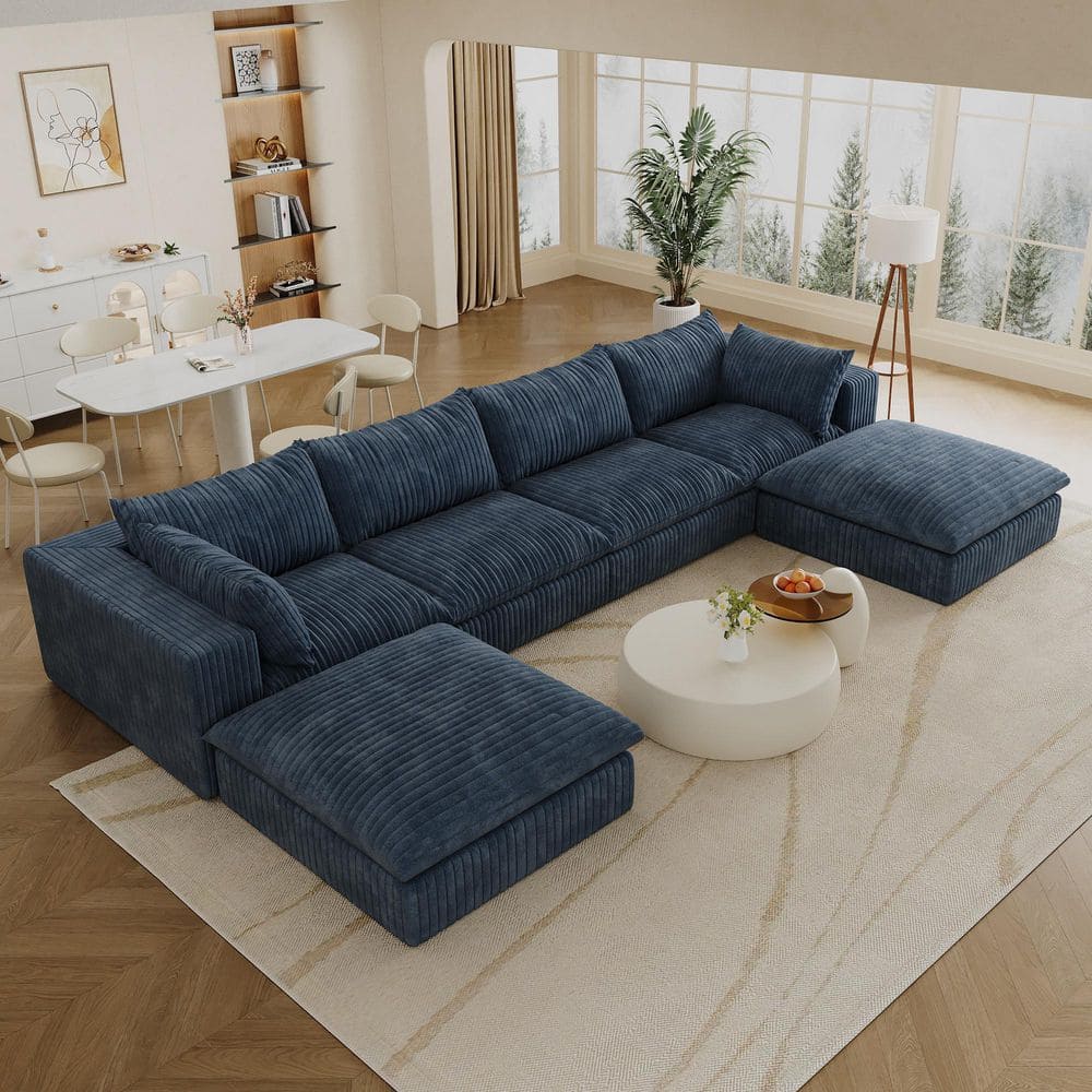 Jacob 157.6 in. Square Arms 6-Piece Corduroy Modular Compressed Sectional Sofa in Blue with Ottomans, Deep Seat Couches price history on PriceWatchPro