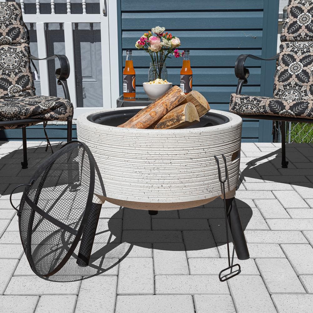 21" Round Light Gray Magnesium Oxide Fire Pit with Poker and Cover