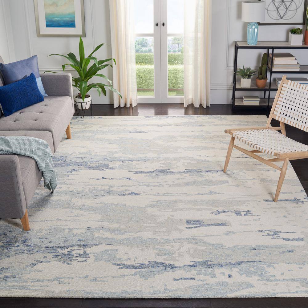 Ivory and Blue Abstract Hand-Tufted Wool 8' x 10' Rug