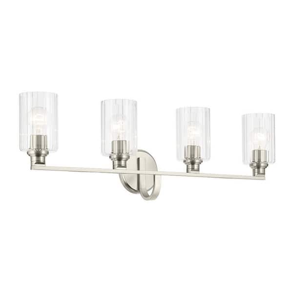 Gioe 32.25 in. 4-Light Vanity Light with Clear Fluted Glass in Brushed Nickel